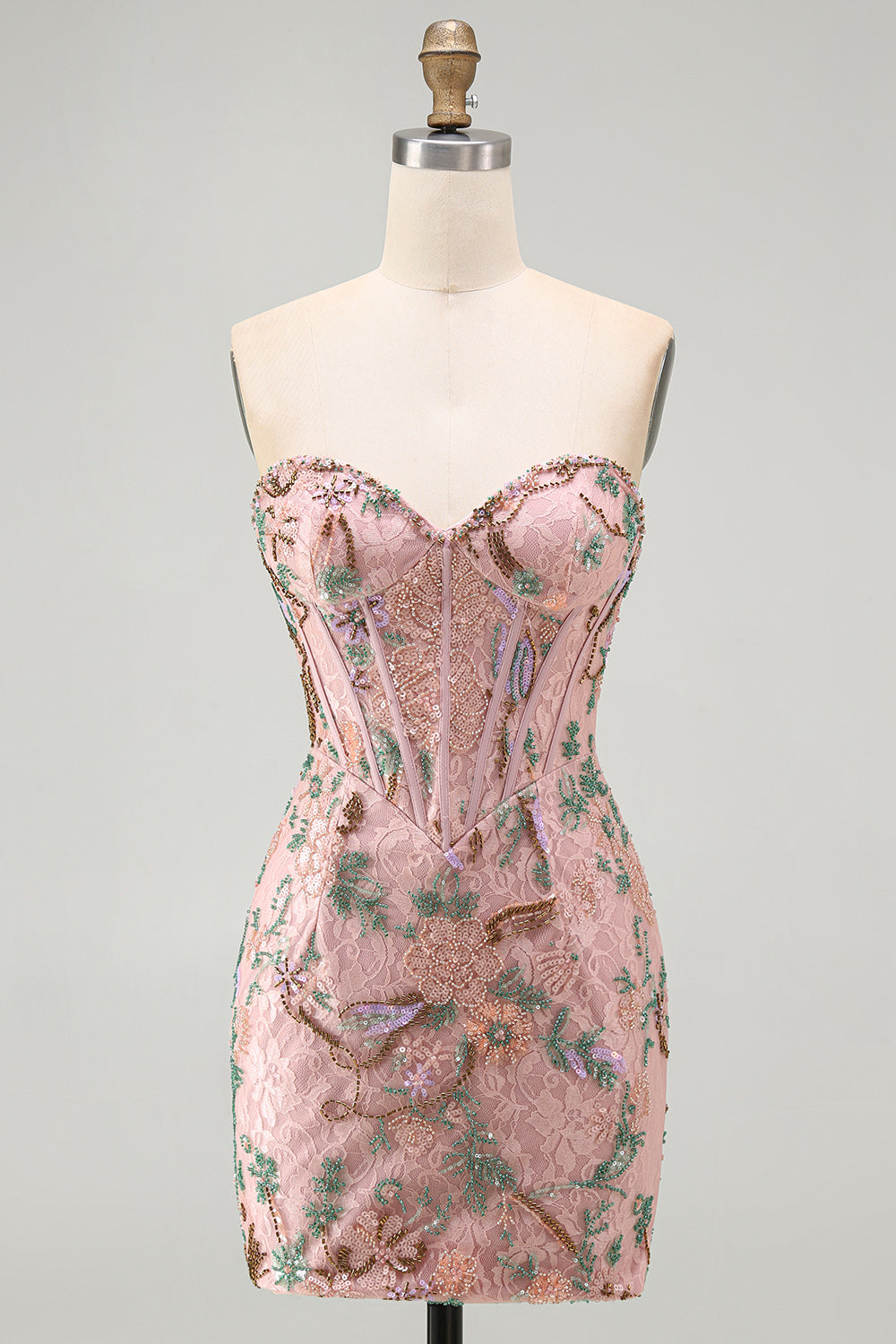 Corset Tight Short Sparkly Pink Floral Beaded Homecoming Dress