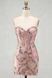 Corset Tight Short Sparkly Pink Floral Beaded Homecoming Dress