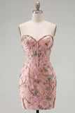 Corset Tight Short Sparkly Pink Floral Beaded Homecoming Dress