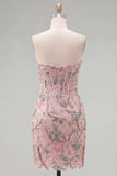 Corset Tight Short Sparkly Pink Floral Beaded Homecoming Dress