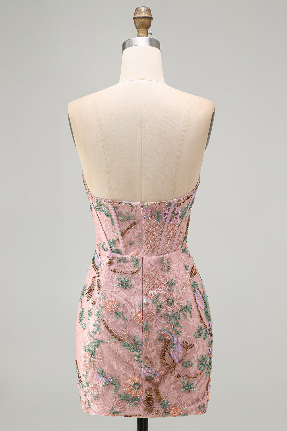 Corset Tight Short Sparkly Pink Floral Beaded Homecoming Dress