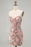 Corset Tight Short Sparkly Pink Floral Beaded Homecoming Dress