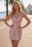 Corset Tight Short Sparkly Pink Floral Beaded Homecoming Dress