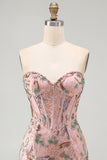 Corset Tight Short Sparkly Pink Floral Beaded Homecoming Dress