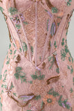 Corset Tight Short Sparkly Pink Floral Beaded Homecoming Dress