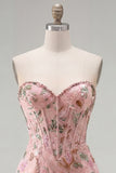 Corset Tight Short Sparkly Pink Floral Beaded Homecoming Dress