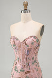 Corset Tight Short Sparkly Pink Floral Beaded Homecoming Dress