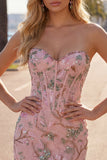 Corset Tight Short Sparkly Pink Floral Beaded Homecoming Dress