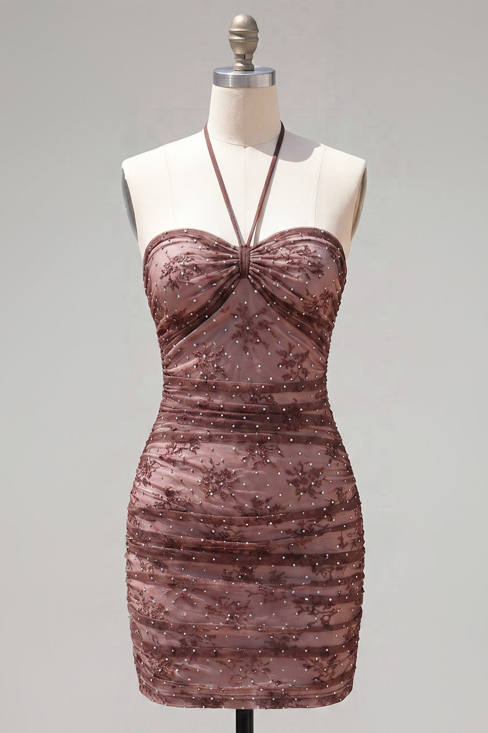 Chocolate Halter Tight Short Ruched Homecoming Dress with Beading