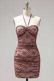 Chocolate Halter Tight Short Ruched Homecoming Dress with Beading
