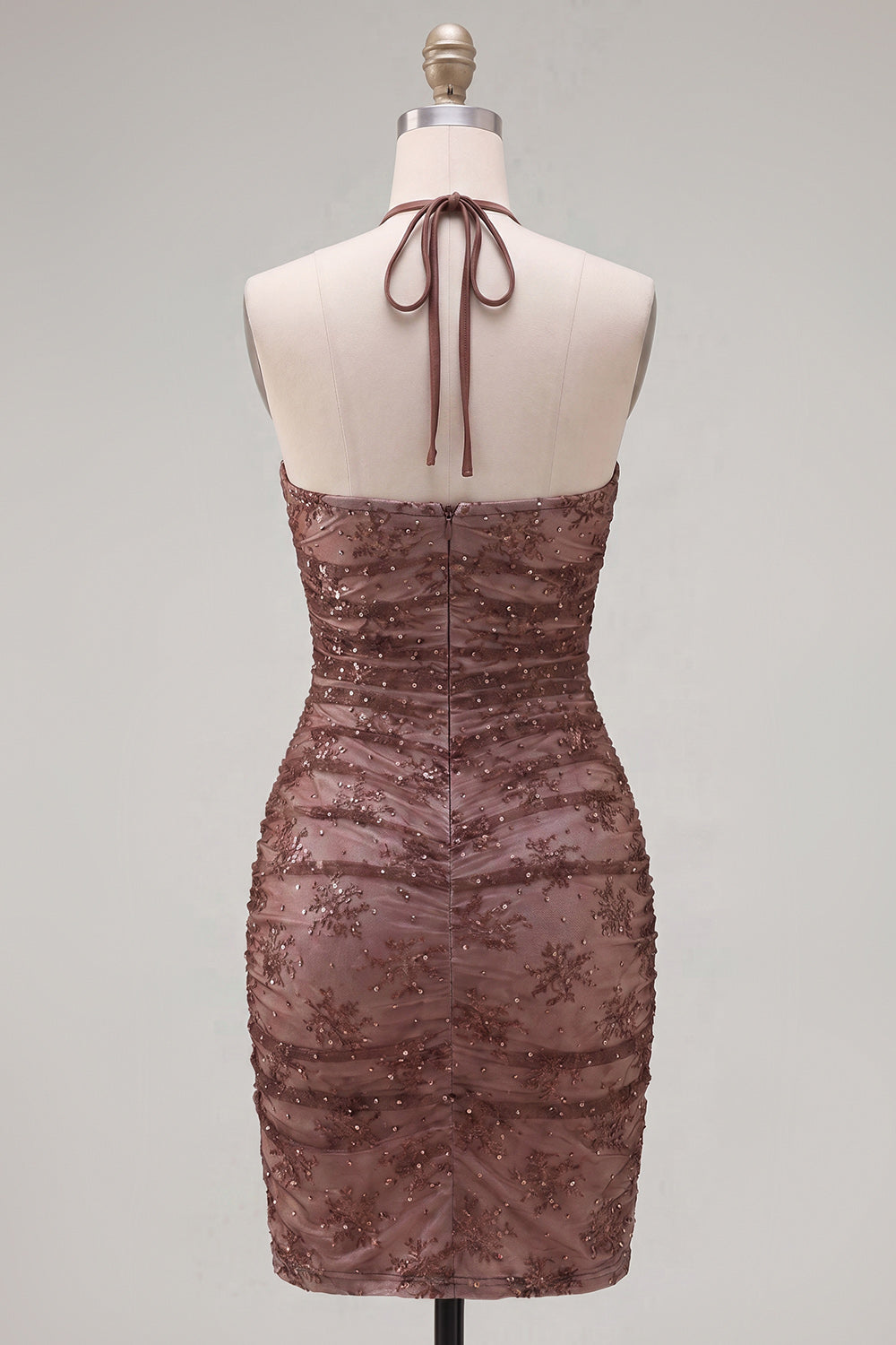Chocolate Halter Tight Short Ruched Homecoming Dress with Beading