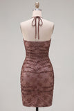 Chocolate Halter Tight Short Ruched Homecoming Dress with Beading