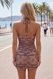 Chocolate Halter Tight Short Ruched Homecoming Dress with Beading