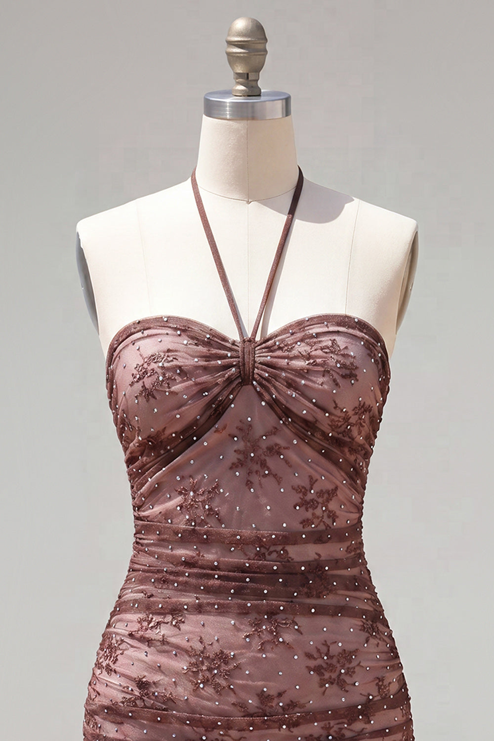 Chocolate Halter Tight Short Ruched Homecoming Dress with Beading