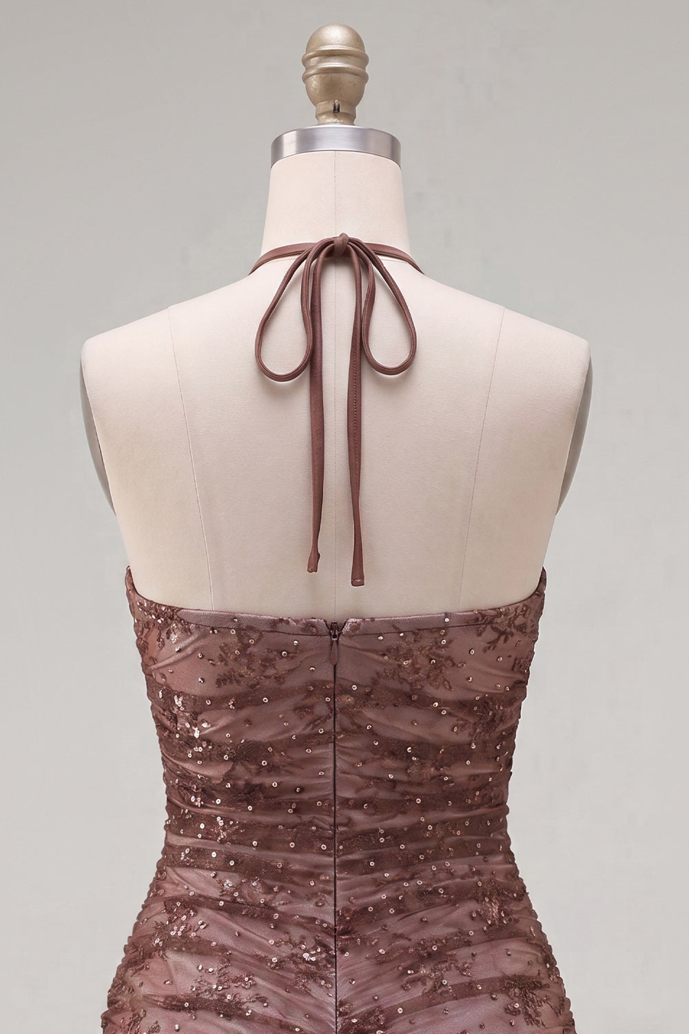 Chocolate Halter Tight Short Ruched Homecoming Dress with Beading