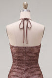 Chocolate Halter Tight Short Ruched Homecoming Dress with Beading