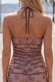 Chocolate Halter Tight Short Ruched Homecoming Dress with Beading