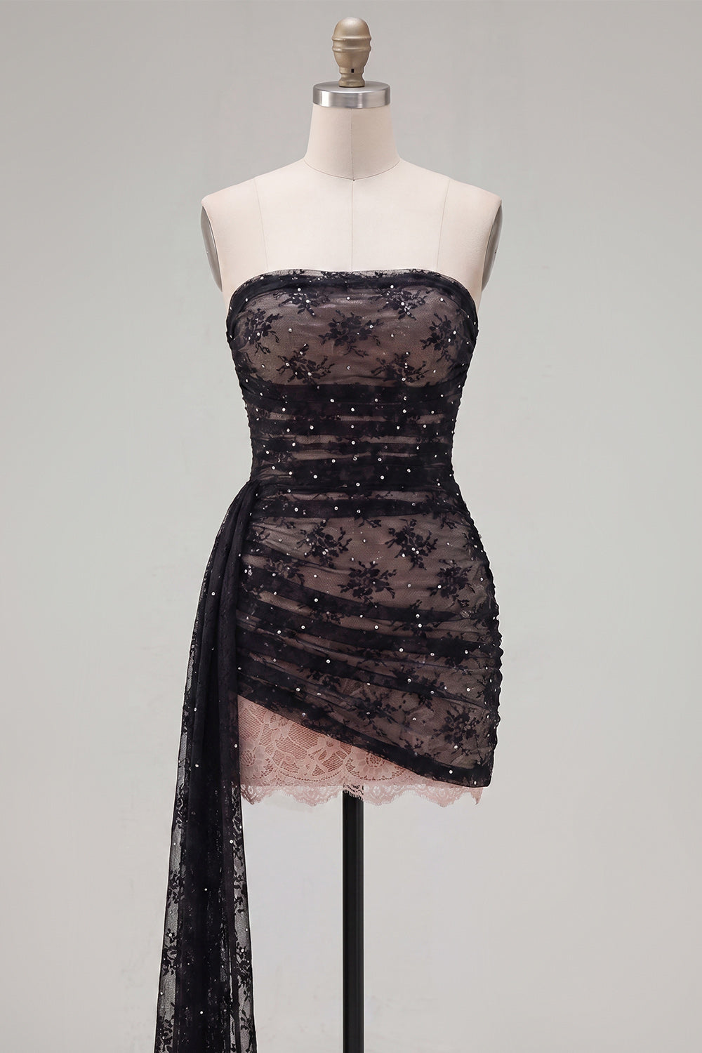 Black Tight Short Strapless Beaded Homecoming Dress with Sash