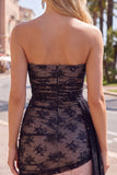 Black Tight Short Strapless Beaded Homecoming Dress with Sash