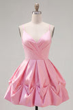 Pink Short Spaghetti Straps A Line Ruched Homecoming Dress
