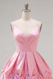 Pink Short Spaghetti Straps A Line Ruched Homecoming Dress
