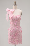 Beaded Sparkly Pink Floral Tight Short Homecoming Dress with Bow