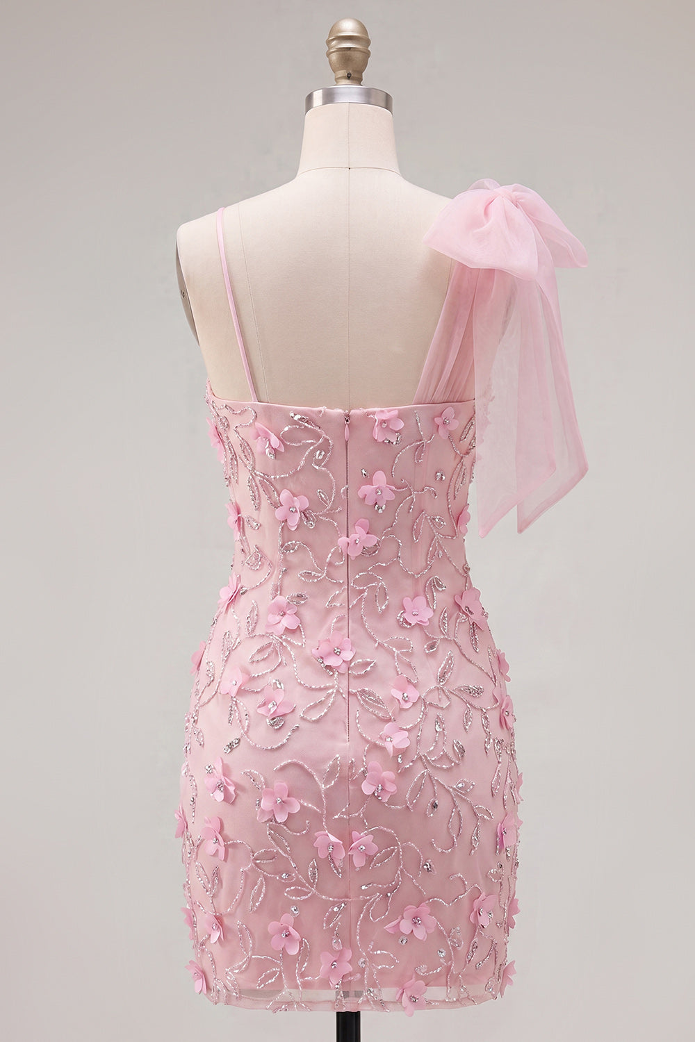 Beaded Sparkly Pink Floral Tight Short Homecoming Dress with Bow