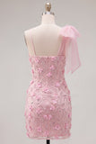 Beaded Sparkly Pink Floral Tight Short Homecoming Dress with Bow