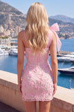 Beaded Sparkly Pink Floral Tight Short Homecoming Dress with Bow