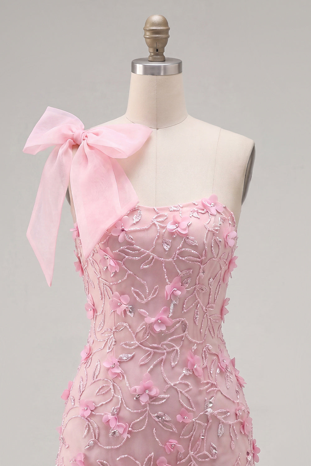 Beaded Sparkly Pink Floral Tight Short Homecoming Dress with Bow