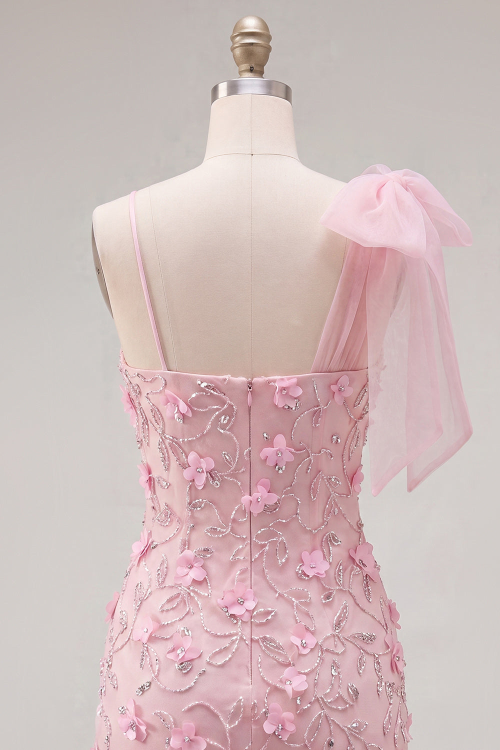 Beaded Sparkly Pink Floral Tight Short Homecoming Dress with Bow
