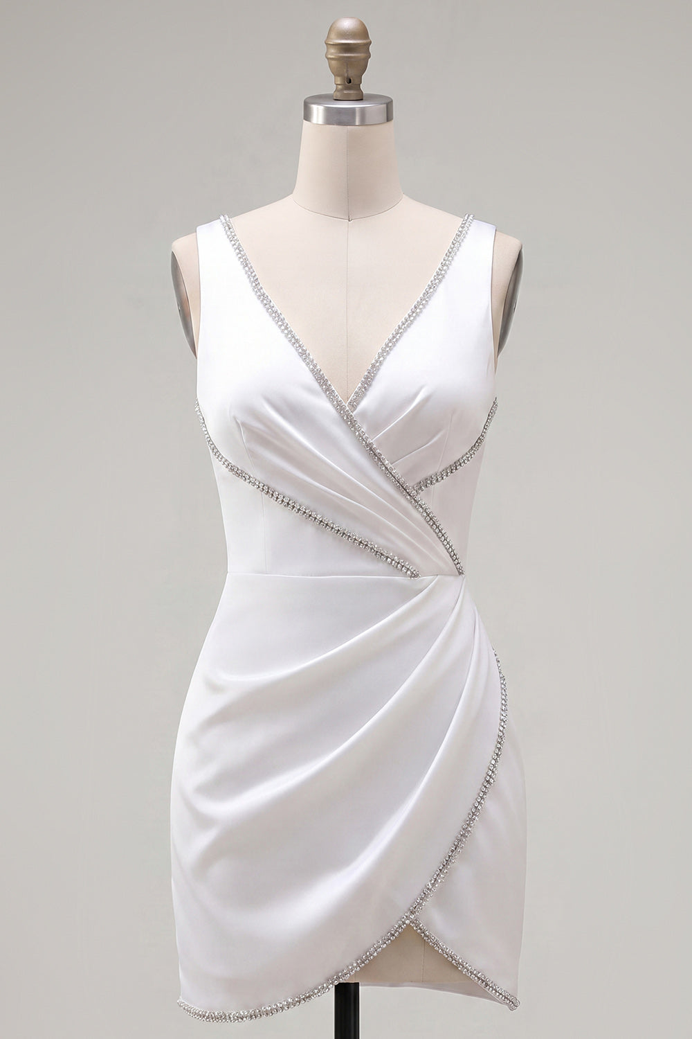 White Beaded Tight Short Ruched V-Neck Homecoming Dress