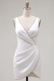 White Beaded Tight Short Ruched V-Neck Homecoming Dress