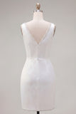 White Beaded Tight Short Ruched V-Neck Homecoming Dress