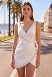 White Beaded Tight Short Ruched V-Neck Homecoming Dress