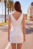 White Beaded Tight Short Ruched V-Neck Homecoming Dress