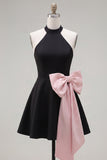 Black Pink A Line Short High Neck Homecoming Dress with Bow