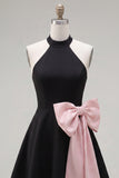 Black Pink A Line Short High Neck Homecoming Dress with Bow