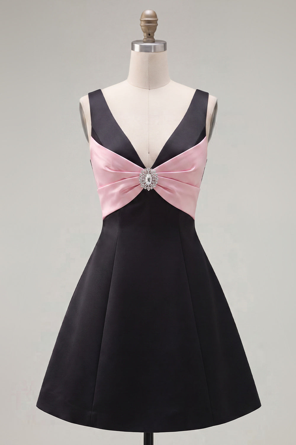Black Pink A Line Short V-Neck Homecoming Dress with Beading