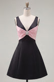 Black Pink A Line Short V-Neck Homecoming Dress with Beading