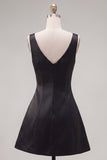 Black Pink A Line Short V-Neck Homecoming Dress with Beading