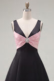 Black Pink A Line Short V-Neck Homecoming Dress with Beading