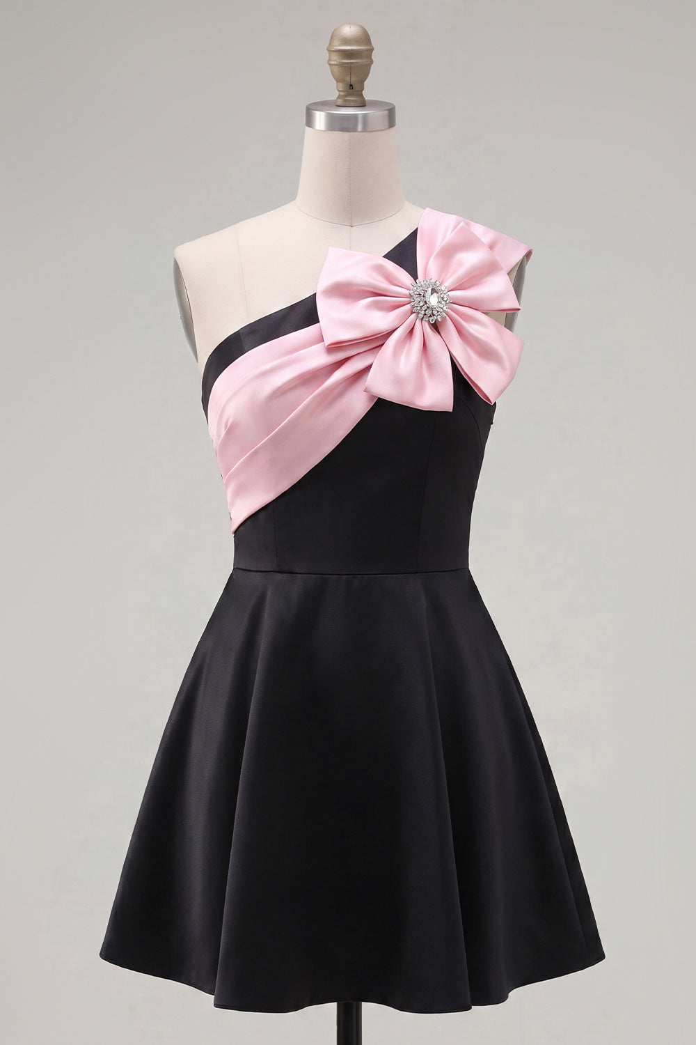 Black Pink A Line Short One Shoulder Beaded Homecoming Dress with Bow