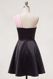 Black Pink A Line Short One Shoulder Beaded Homecoming Dress with Bow