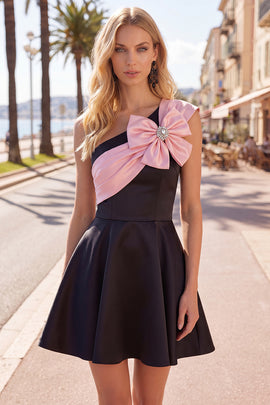 Black Pink A Line Short One Shoulder Beaded Homecoming Dress with Bow
