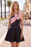 Black Pink A Line Short One Shoulder Beaded Homecoming Dress with Bow
