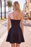Black Pink A Line Short One Shoulder Beaded Homecoming Dress with Bow