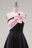 Black Pink A Line Short One Shoulder Beaded Homecoming Dress with Bow