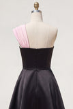 Black Pink A Line Short One Shoulder Beaded Homecoming Dress with Bow