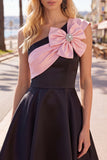 Black Pink A Line Short One Shoulder Beaded Homecoming Dress with Bow